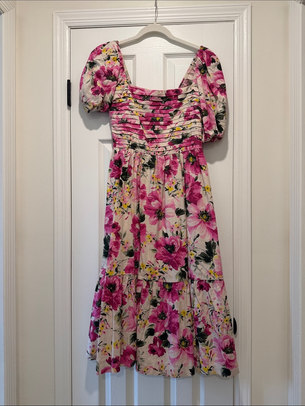 Abercrombie & Fitch Pink Floral Puff-Sleeve Midi Dress